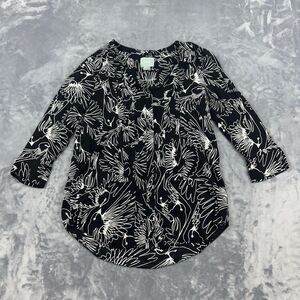 Maeve Anthropologie Womens Top Size 0 Black  Abstract Bird Print Boho 3/4 Sleeve